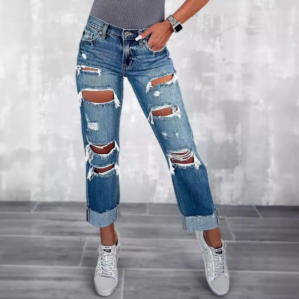 Damen Ripped Boyfriend Jeans im angesagten Vintage-Look mit weitem Bein
