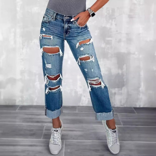 Damen Ripped Boyfriend Jeans im angesagten Vintage-Look mit weitem Bein