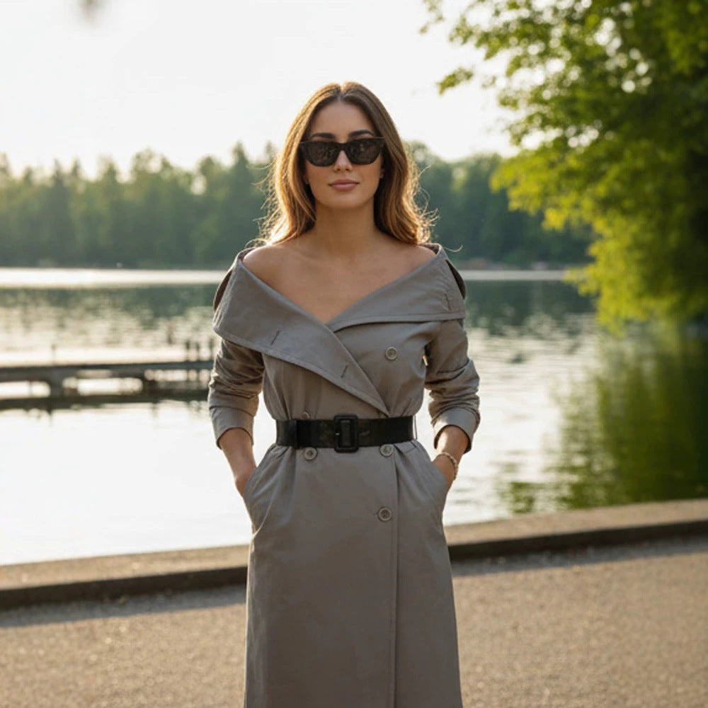 Damen Off-Shoulder Trenchkleid mit doppelreihiger Knopfleiste und tailliertem Lackgürtel Nord Taschen