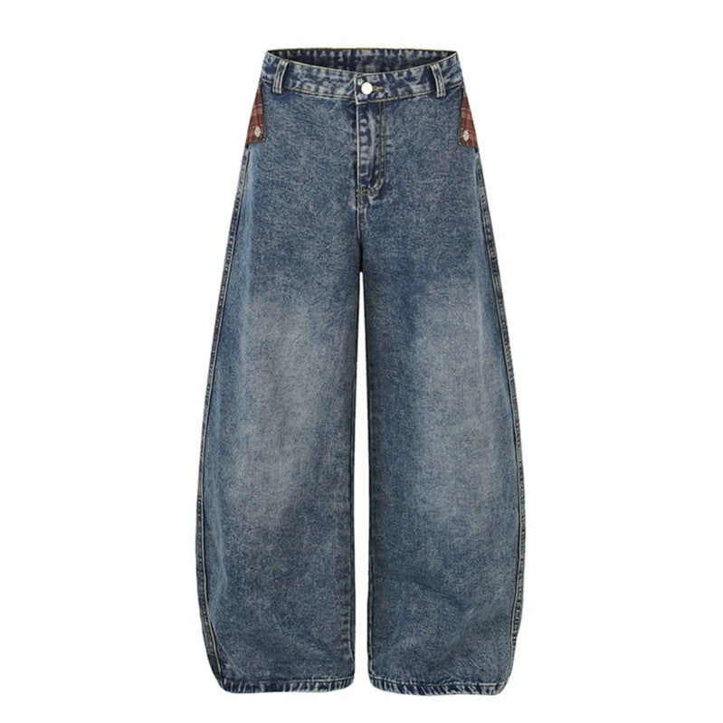 Damen Weite High‑Waist Denim‑Culotte im Palazzo‑Stil mit Karo‑Bund und Vintage‑Waschung Nord Taschen