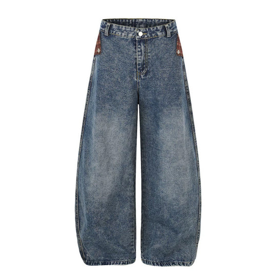 Damen Weite High‑Waist Denim‑Culotte im Palazzo‑Stil mit Karo‑Bund und Vintage‑Waschung Nord Taschen