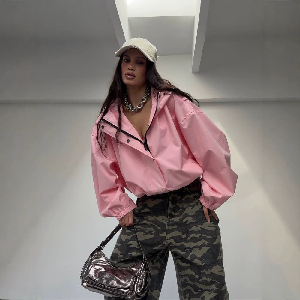 Damen Oversize Windbreaker Jacke mit Kapuze und kurzem Cropped‑Schnitt Nord Taschen