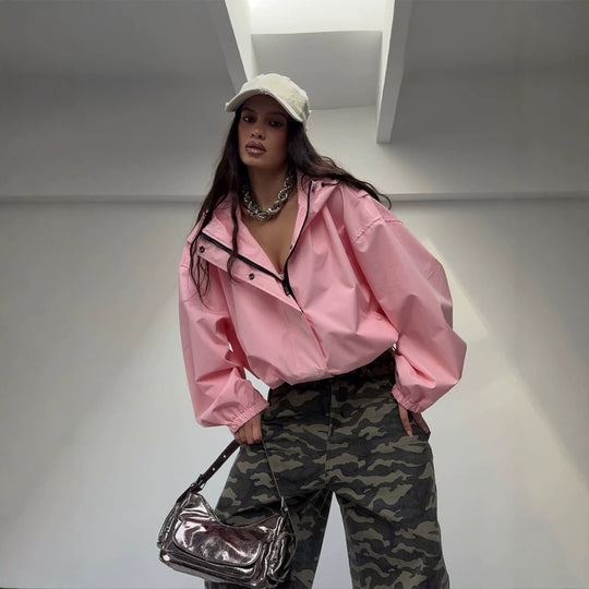 Damen Oversize Windbreaker Jacke mit Kapuze und kurzem Cropped‑Schnitt Nord Taschen