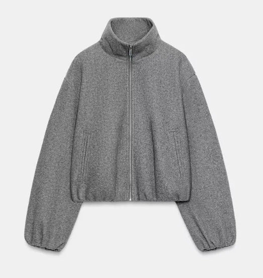 Damen Kurz geschnittene Bouclé‑Blousonjacke mit Stehkragen, elastischem Saum und Ballonärmeln Nord Taschen