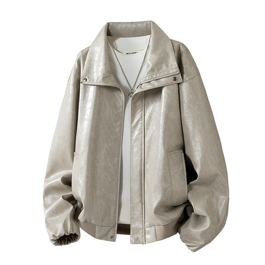Herren Oversize Kunstleder‑Fliegerjacke mit breitem Umlegekragen, Zwei‑Wege‑Reißverschluss & gerippten Abschlüssen Nord Taschen