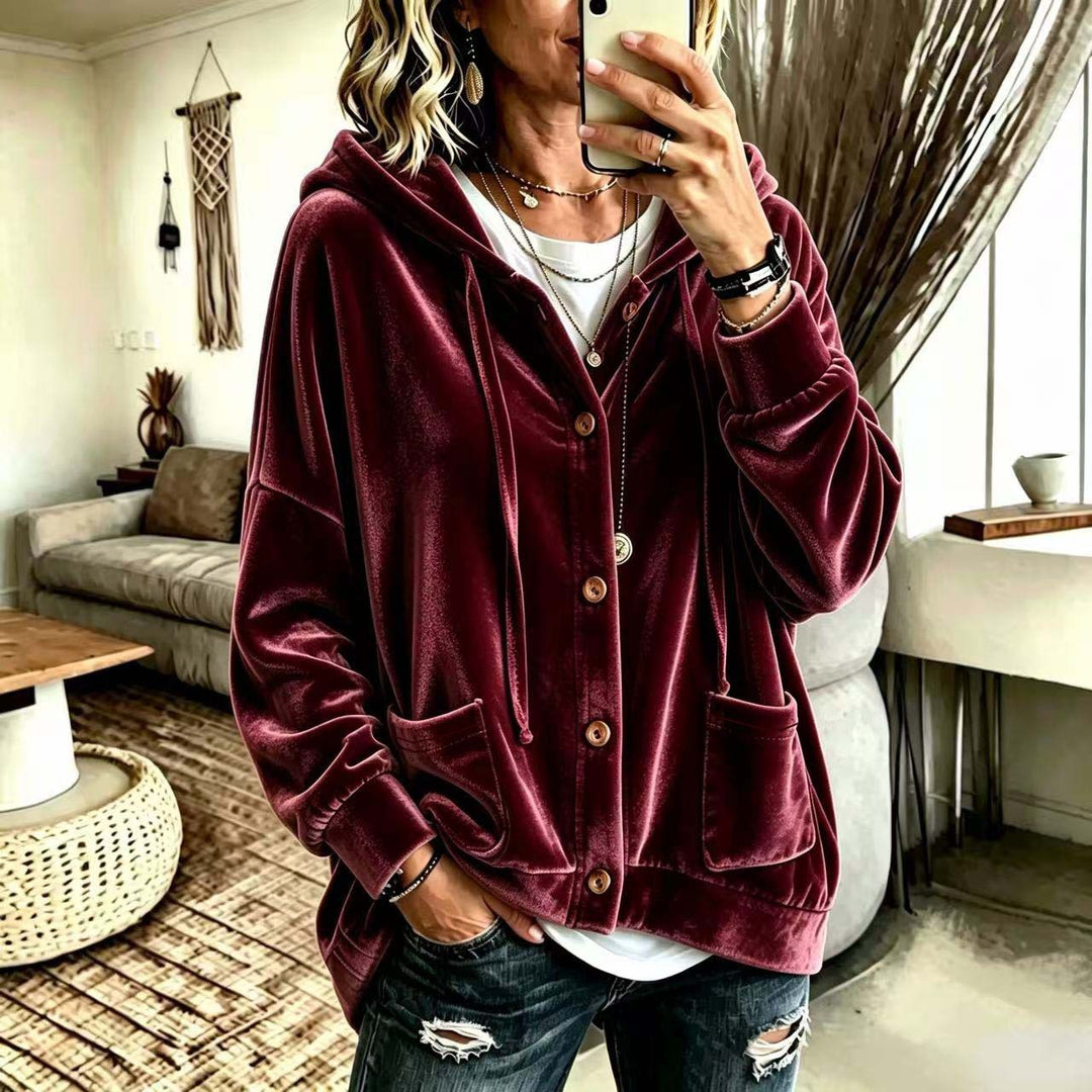 Damen Oversize Kapuzen-Samtjacke mit Knopfleiste und aufgesetzten Taschen Nord Taschen