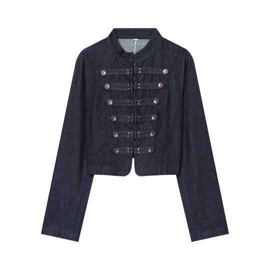 Damen Cropped Denim‑Militärjacke mit Stehkragen und dekorischer Zierknopfleiste Nord Taschen