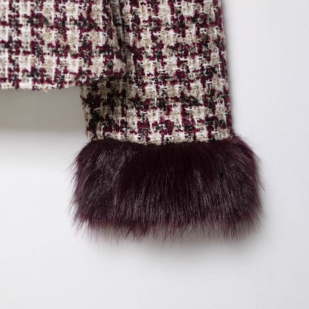 Damen Bouclé-Tweed Jacke mit Stehkragen und Kunstpelzmanschetten Nord Taschen