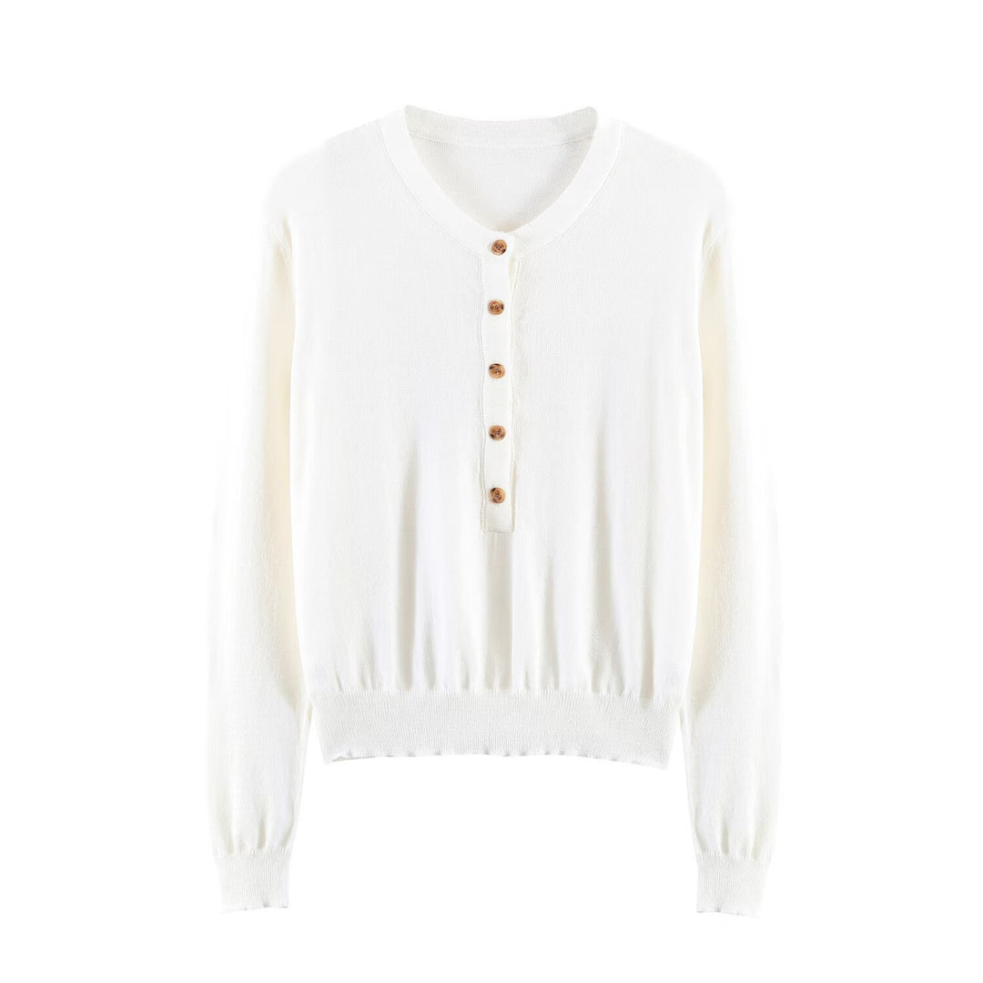 Damen Feiner Strickpullover mit Henley-Knopfleiste, V-Ausschnitt und gerafftem Bund Nord Taschen