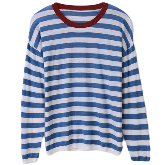 Damen Maritim-inspiriertes gestreiftes Feinstrick-Shirt mit weitem Boot-Ausschnitt und Kontrastkante Nord Taschen