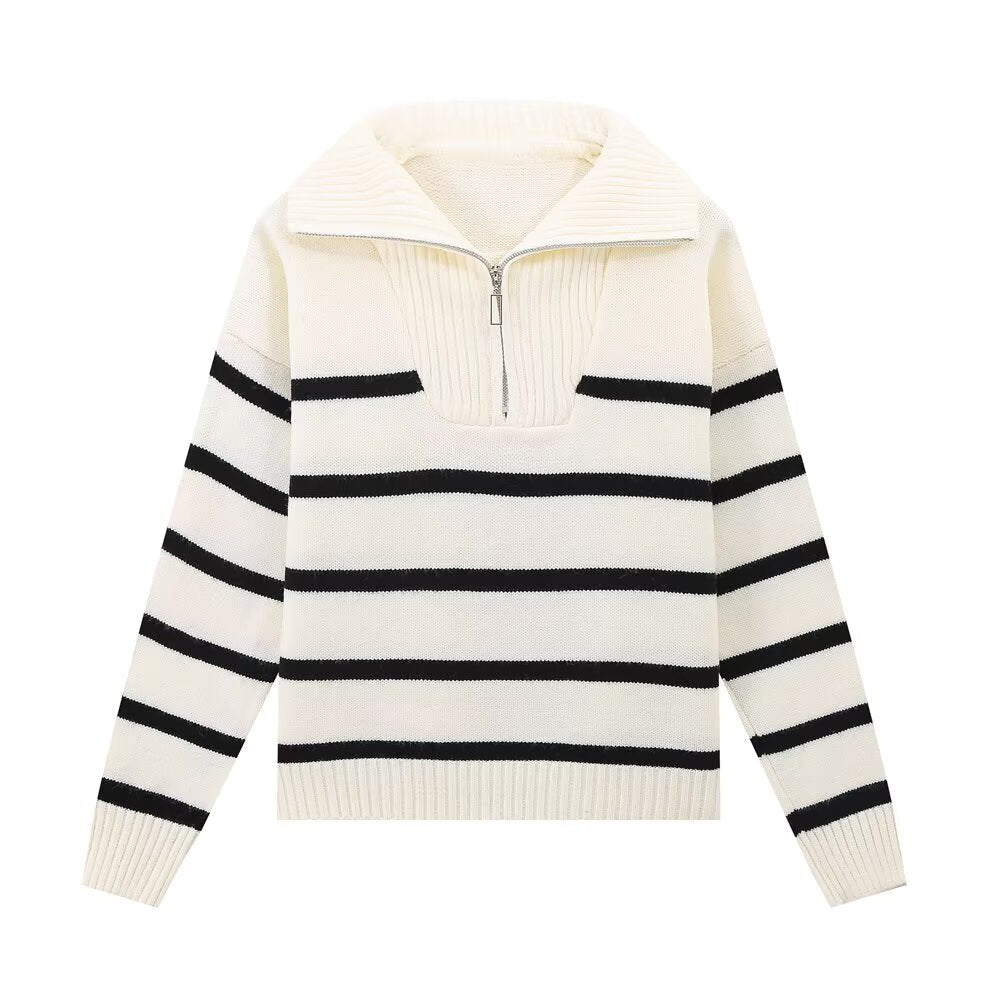 Damen Gestreifter Strickpullover mit hohem Rollkragen und halbem Reißverschluss Nord Taschen