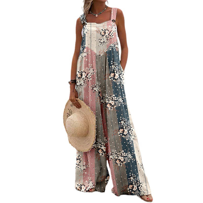 Damen Weit geschnittene Latzhose mit floralem Muster und praktischen Taschen Nord Taschen