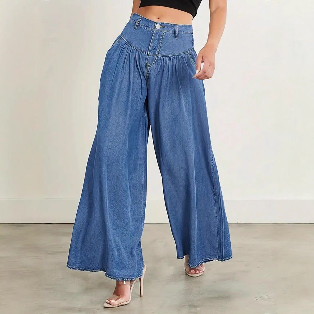 Damen Hochtaillierte Denim-Palazzohose mit geraffter Kellerfalte und extra weitem Bein Nord Taschen