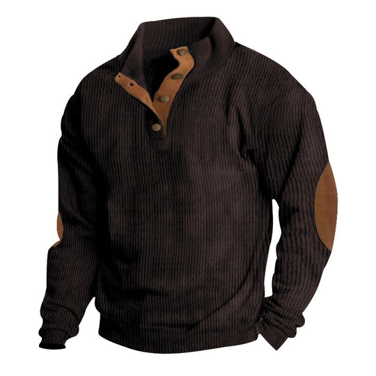 Herren Waffelstrick-Henley-Pullover mit Stehkragen und Ellbogen-Patches Nord Taschen