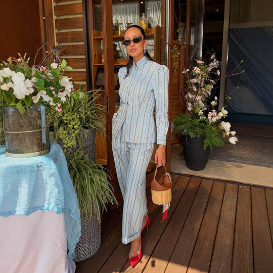 Damen Gestreifter Loungewear-Zweiteiler mit taillierter Hemdbluse und weiter Bundhose Nord Taschen