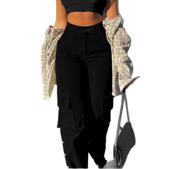 Damen High-Waist Cargo-Hose mit weitem Bein, Tunnelzug und seitlichen Druckknopf-Details Nord Taschen