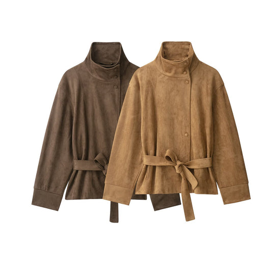 Damen Kurzjacke in Wildlederoptik mit hohem Funnelkragen und Bindegürtel Nord Taschen