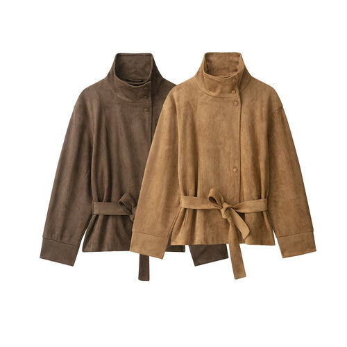 Damen Kurzjacke in Wildlederoptik mit hohem Funnelkragen und Bindegürtel Nord Taschen