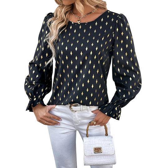 Damen Satin-Blusenshirt mit Rautendruck, leicht taillierter Schnitt und zarten Puffärmeln Nord Taschen