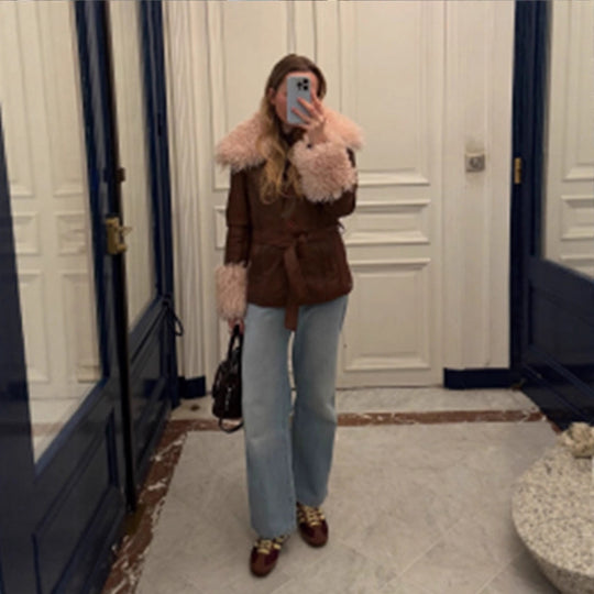 Damen Taillierte Lederimitatjacke mit Bindegürtel, opulentem abnehmbarem Faux-Fur-Schalkragen und Fellmanschetten Nord Taschen