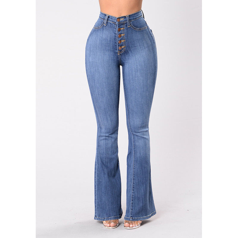 Damen High-Waist Flared Jeans mit dekorativen Knopfdetails und elastischem Bund Nord Taschen