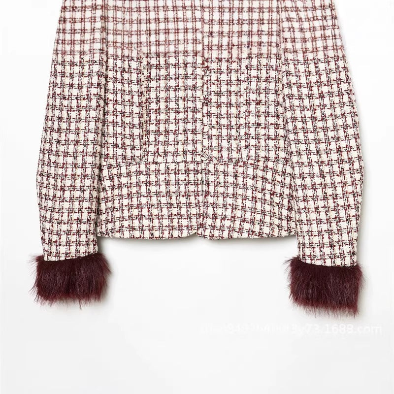 Damen Kurzblazer aus Bouclé‑Tweed mit Stehkragen und Kunstfellmanschetten Nord Taschen
