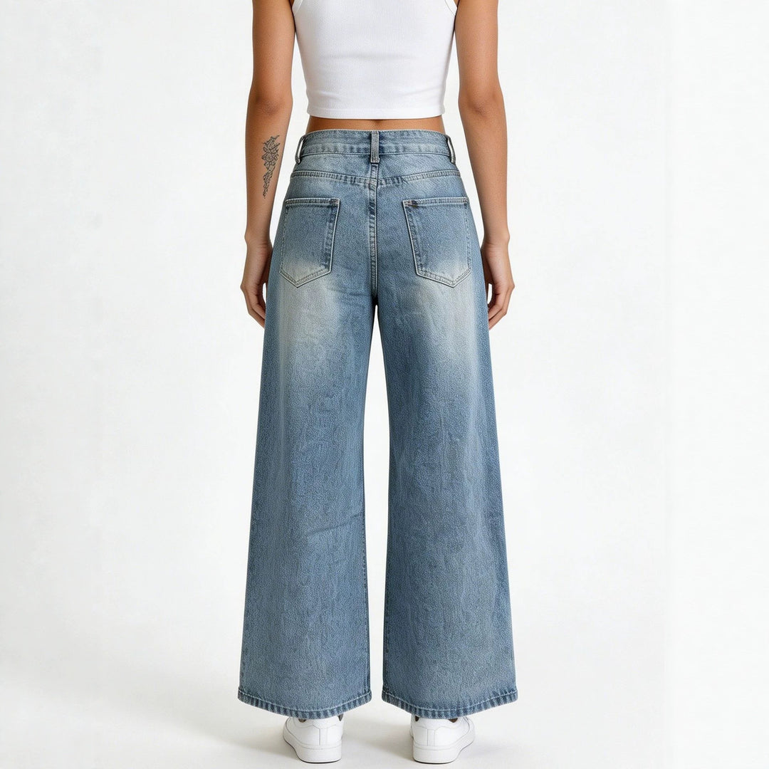 Damen hochgeschnittene Palazzo-Jeans mit extra weitem Bein und taillierendem Schnitt Nord Taschen