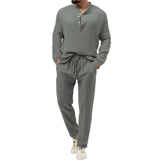 Herren Lässiges Zweiteiliges Lounge-Set aus Baumwoll-Gauze mit Henley-Oberteil und Tunnelzug-Hose Nord Taschen