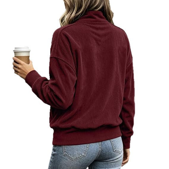 Damen gerippter Henley-Pullover mit Stehkragen und Kängurutasche Nord Taschen