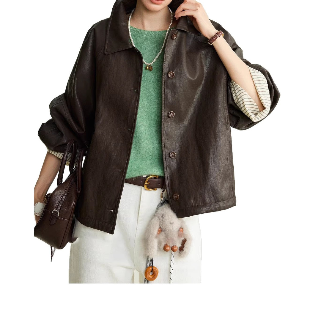 Damen Moderne Lederjacke mit gestreiften Manschetten Nord Taschen