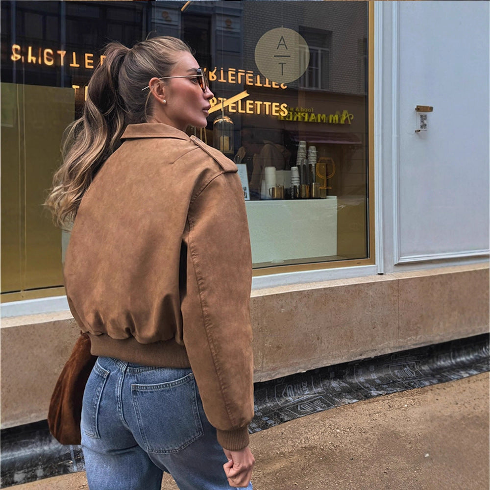 Damen Kurz geschnittene Bomberjacke aus Velourslederoptik mit Rippbündchen Nord Taschen