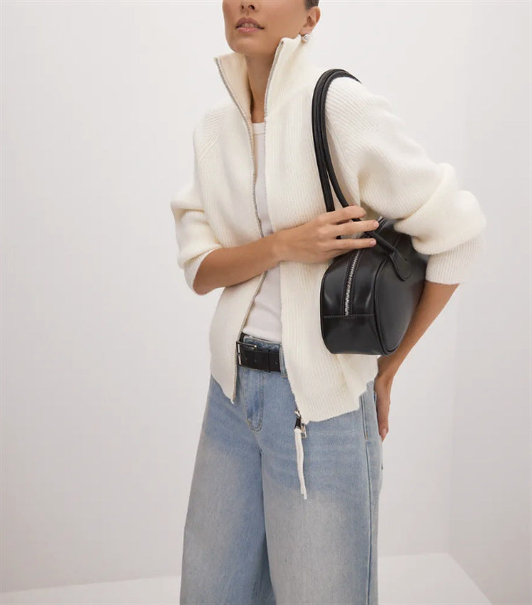Damen Strickjacke mit hohem Kragen und Reißverschluss
