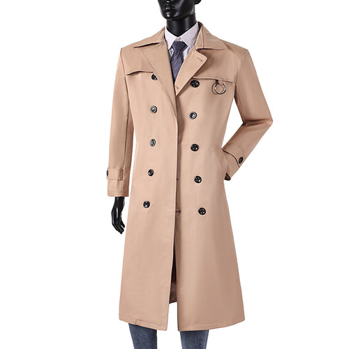 Herren Doppelreihiger Trenchcoat mit Taillierung, Reverskragen und dekorativem Metallring Nord Taschen