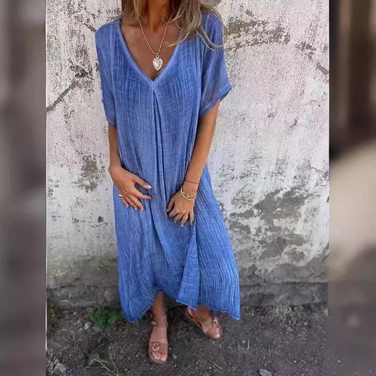 Damen Leichtes Sommerkleid mit V-Ausschnitt und weiten Ärmeln