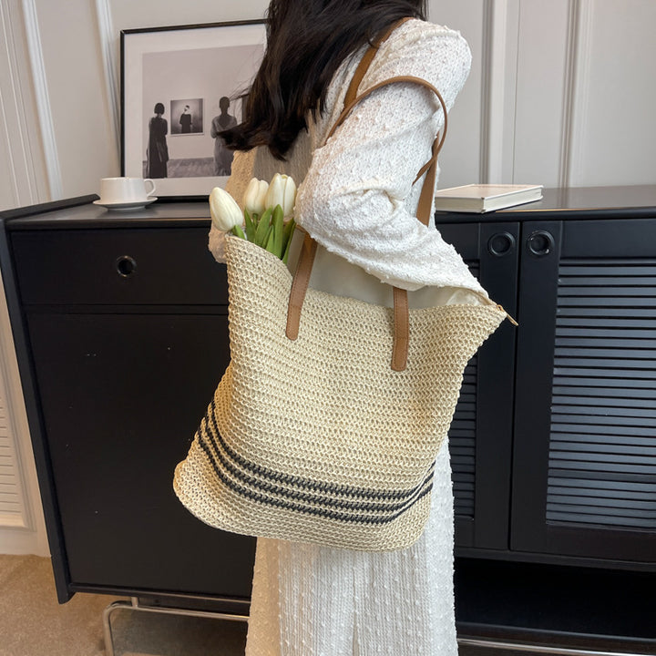 Damen Strandtasche aus hochwertigem Naturmaterial mit gestreiftem Design Nord Taschen
