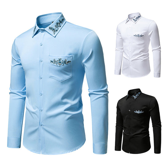 Herren Elegantes Slim-Fit Hemd mit floraler Stickerei am Kragen und aufgesetzter Brusttasche Nord Taschen