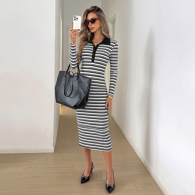 Damen Elegantes Langarm-Kleid mit Polo-Kragen Nord Taschen