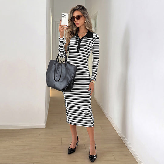 Damen Elegantes Langarm-Kleid mit Polo-Kragen Nord Taschen