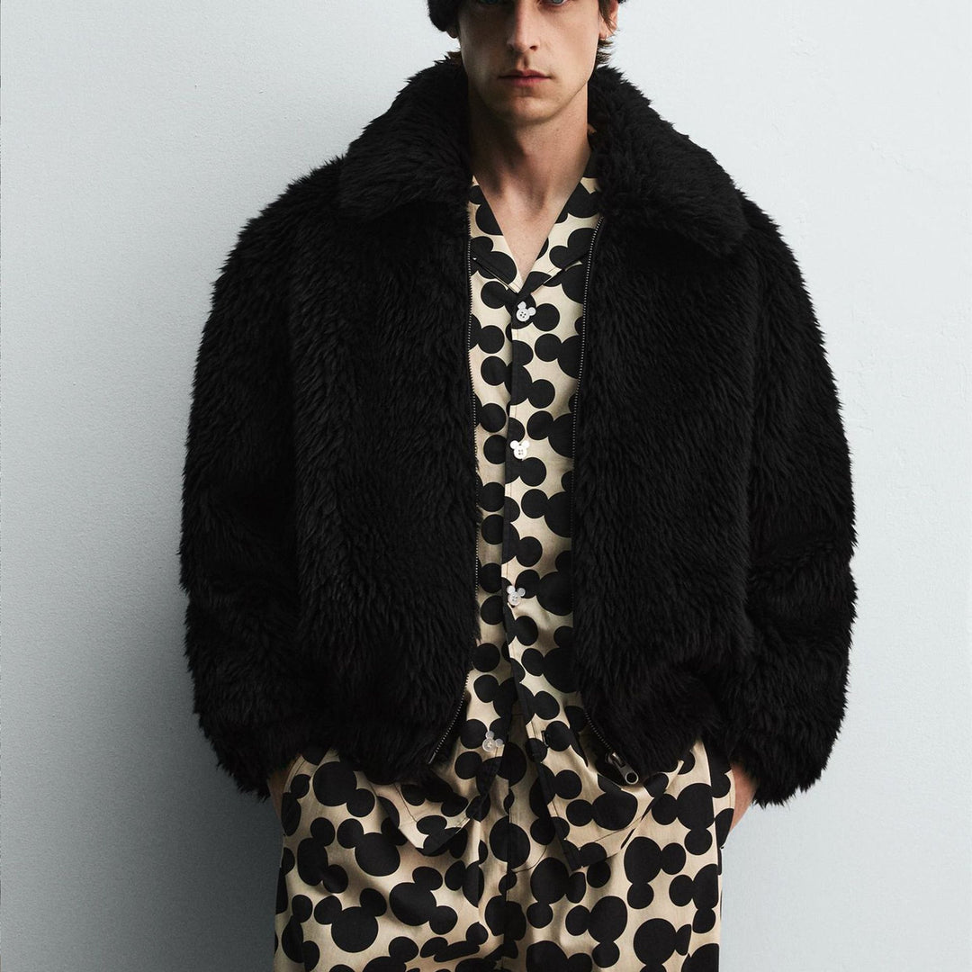 Herren Kurzblouson aus Faux-Fur mit Reißverschluss und kastigem Schnitt Nord Taschen