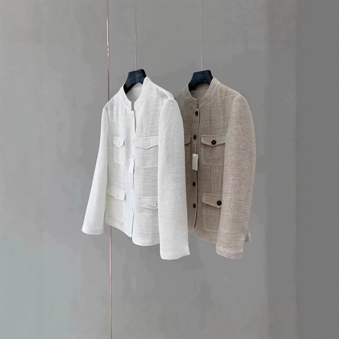 Damen Leichte Häkeloptik-Übergangsjacke mit Rundkragen und Pattentaschen Nord Taschen