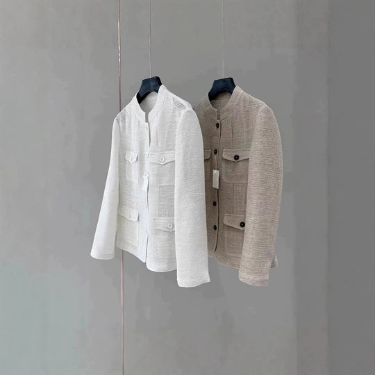 Damen Leichte Häkeloptik-Übergangsjacke mit Rundkragen und Pattentaschen Nord Taschen