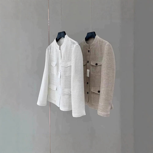 Damen Leichte Häkeloptik-Übergangsjacke mit Rundkragen und Pattentaschen Nord Taschen