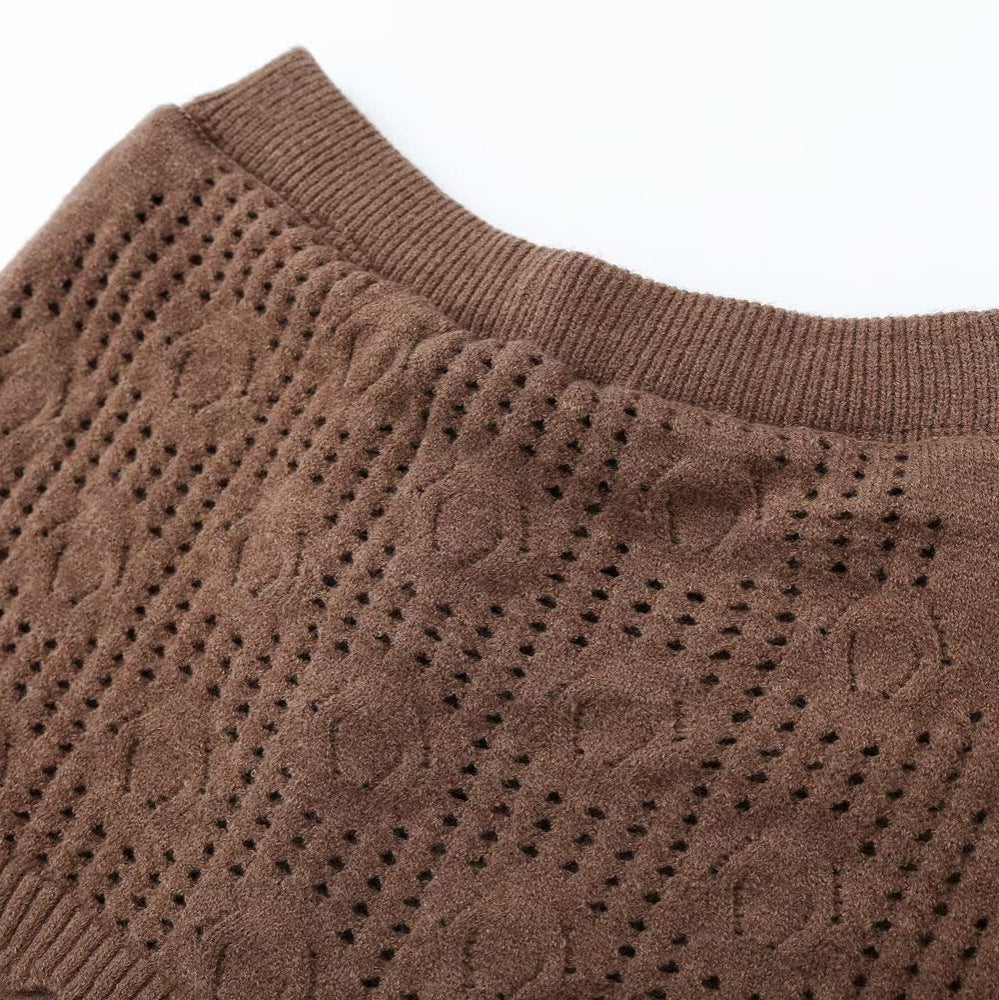 Damen Zweiteiliges Strick-Set mit Oversize-Pullover, Lochmuster-Miniüberrock und weiter Palazzohose Nord Taschen