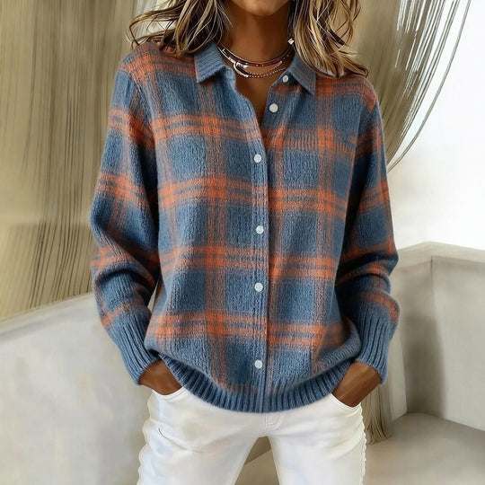 Damen Kariertes Strick-Hemdjacke-Cardigan mit Hemdkragen und gerippten Bündchen Nord Taschen