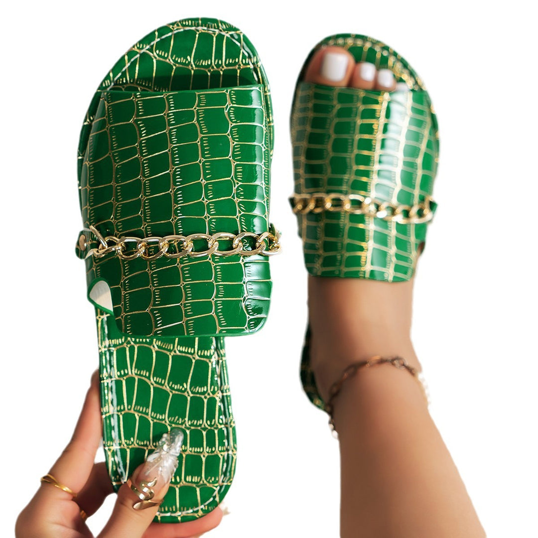 Damen  Croco Prägung Lederimitat Slide mit goldener Schmuckkette und gepolsterter Komfortsohle Nord Taschen