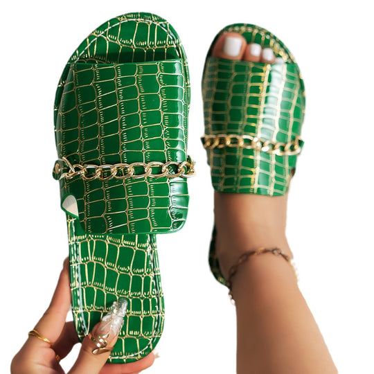 Damen  Croco Prägung Lederimitat Slide mit goldener Schmuckkette und gepolsterter Komfortsohle Nord Taschen