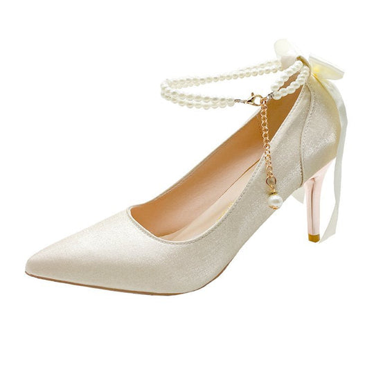Damen Spitzenhigh Heels mit Perlenakzenten und elegantem Schleifenverschluss