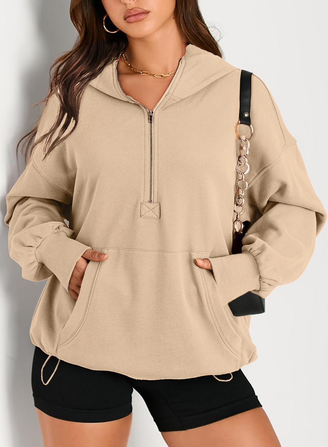 Damen Oversize-Halbreißverschluss-Kapuzenpullover mit Kängurutasche Nord Taschen