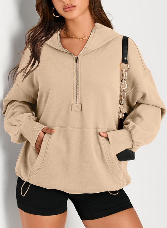 Damen Oversize-Halbreißverschluss-Kapuzenpullover mit Kängurutasche Nord Taschen