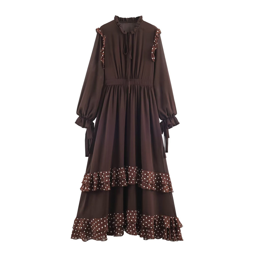 Damen Midikleid mit Volantstufen, Stehkragen und Ballonärmeln Nord Taschen